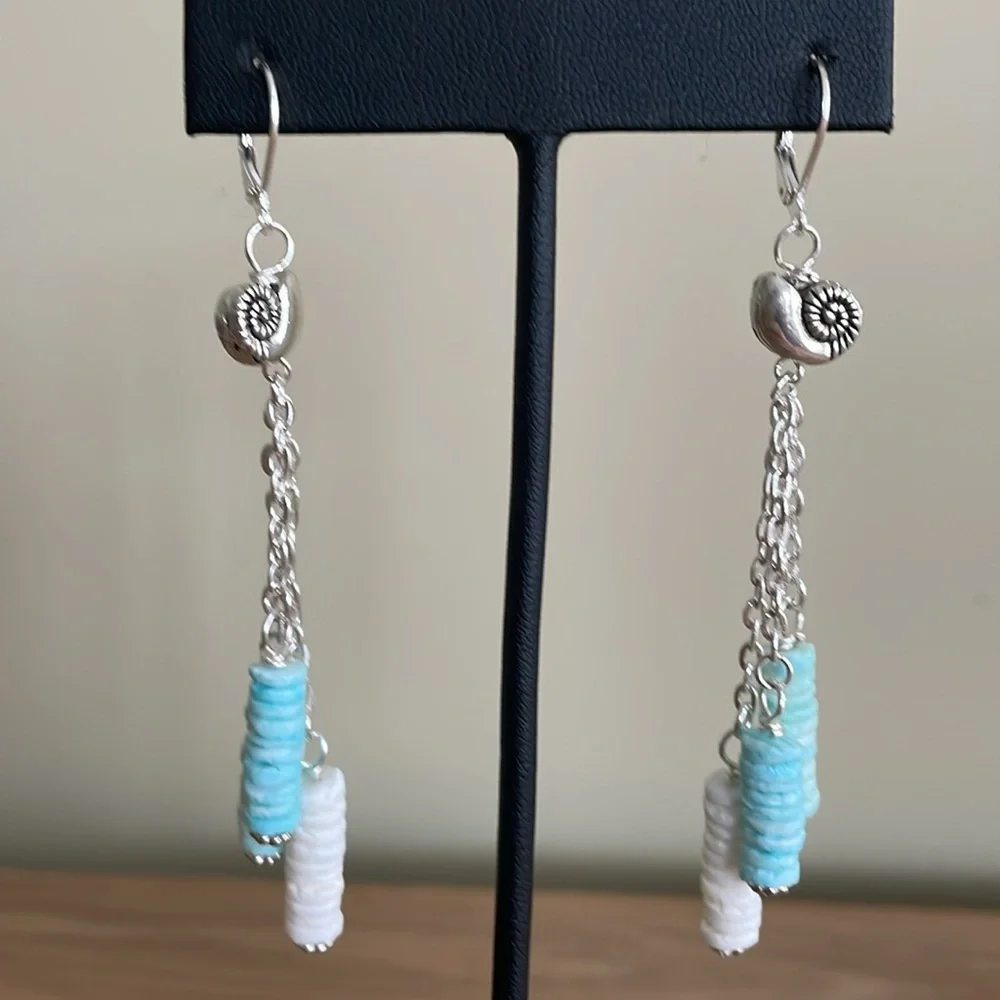 HAND CRAFTED BEACHY TASSEL EARRINGS Aqua and White Shell Rondelles